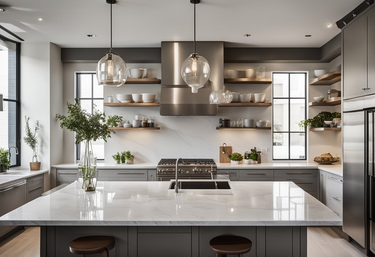 A sleek, minimalist kitchen with clean lines, modern appliances, and a neutral color palette. Open shelving, marble countertops, and pendant lighting add a touch of elegance to the contemporary design