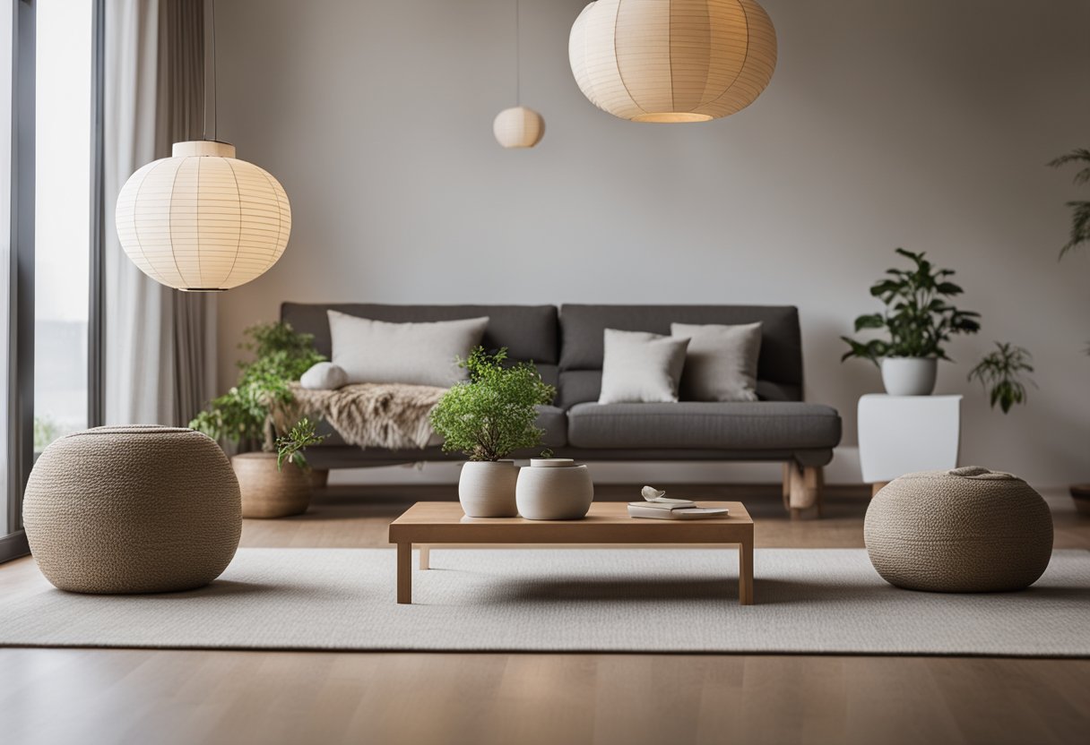 A serene living room with minimal furniture, natural light, and neutral colors. A low table with a bonsai tree, floor cushions, and a paper lantern create a calming atmosphere