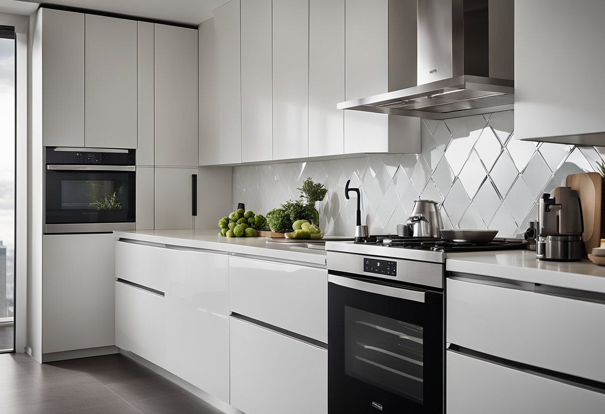 A sleek, modern condo kitchen with clean lines, stainless steel appliances, and minimalist design elements