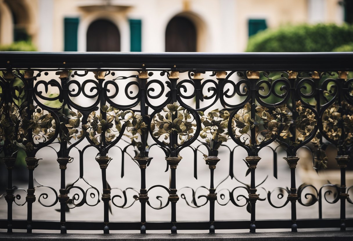 An ornate iron railing curves around a balcony, featuring intricate swirls and floral patterns