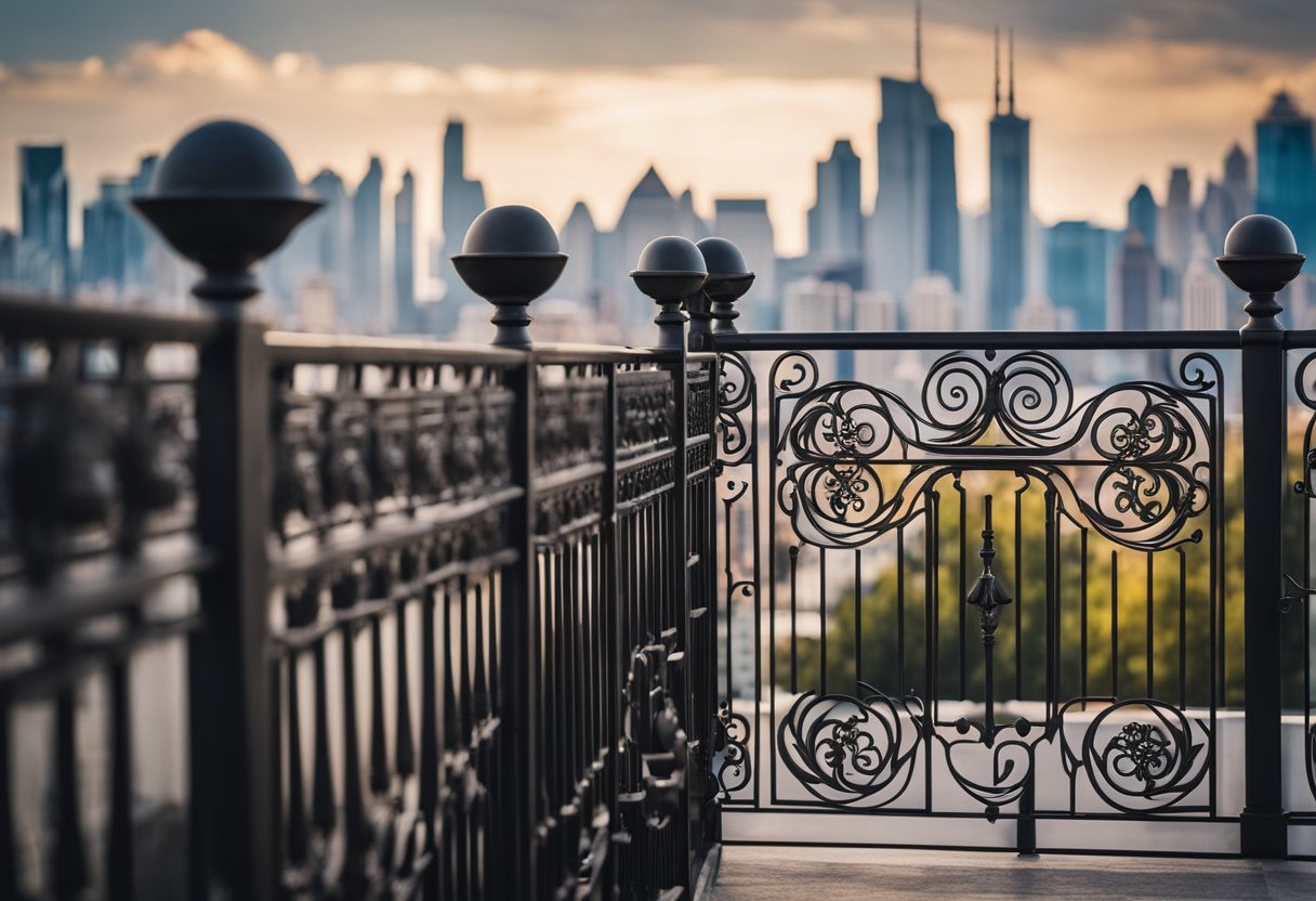 A balcony with intricate iron railing designs, featuring swirls and geometric patterns, overlooking a city skyline