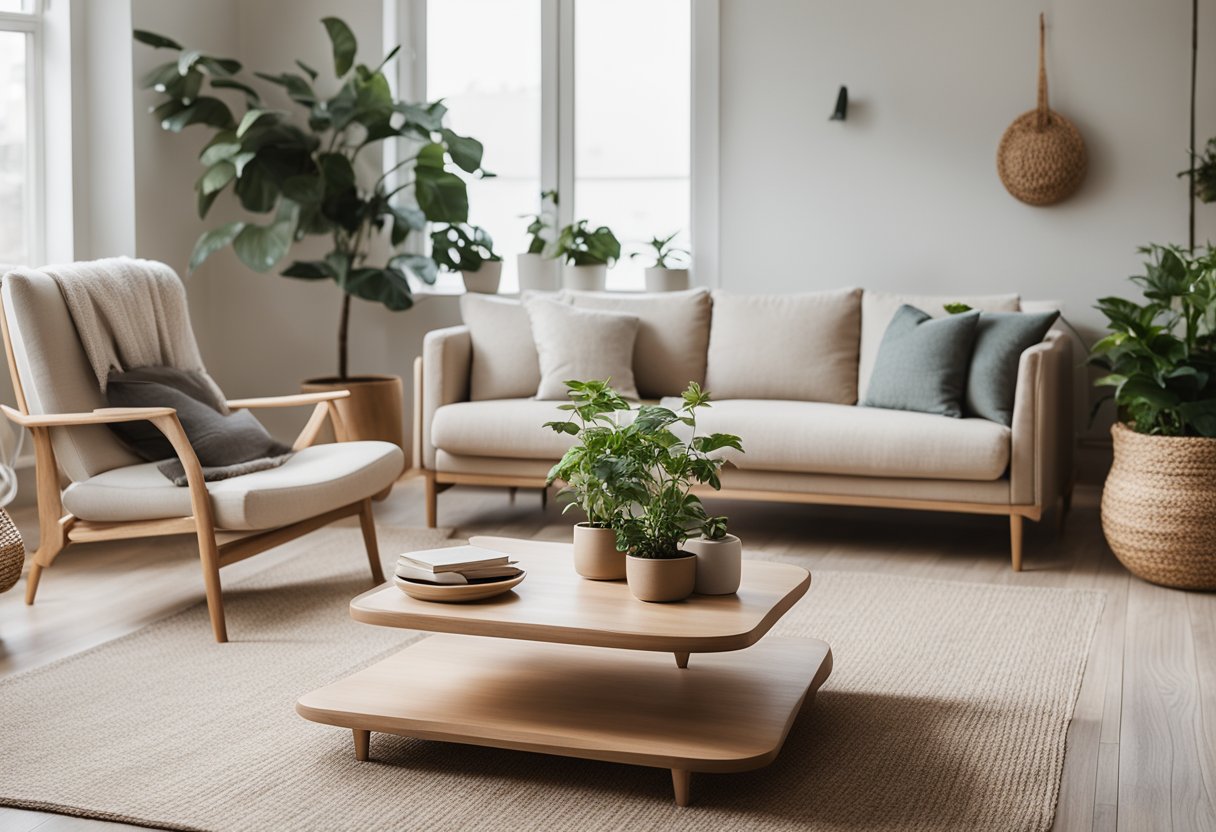 A cozy, clutter-free living room with minimalistic furniture, natural light, and serene color palette. Plants and soft textiles add warmth and tranquility to the space