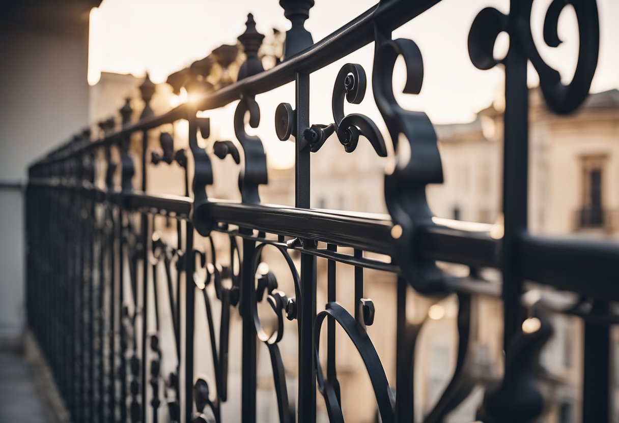 A decorative iron railing wraps around a balcony, featuring intricate scrollwork and geometric patterns. The design is both elegant and functional, providing a stylish barrier for the outdoor space