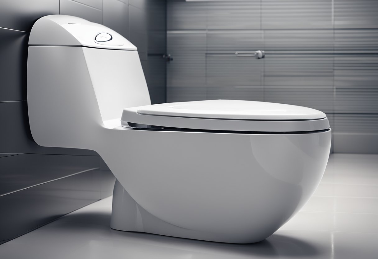 A sleek, futuristic toilet with touch-screen controls and automated lid. LED lighting and sensor-activated flush. Modern, minimalist design