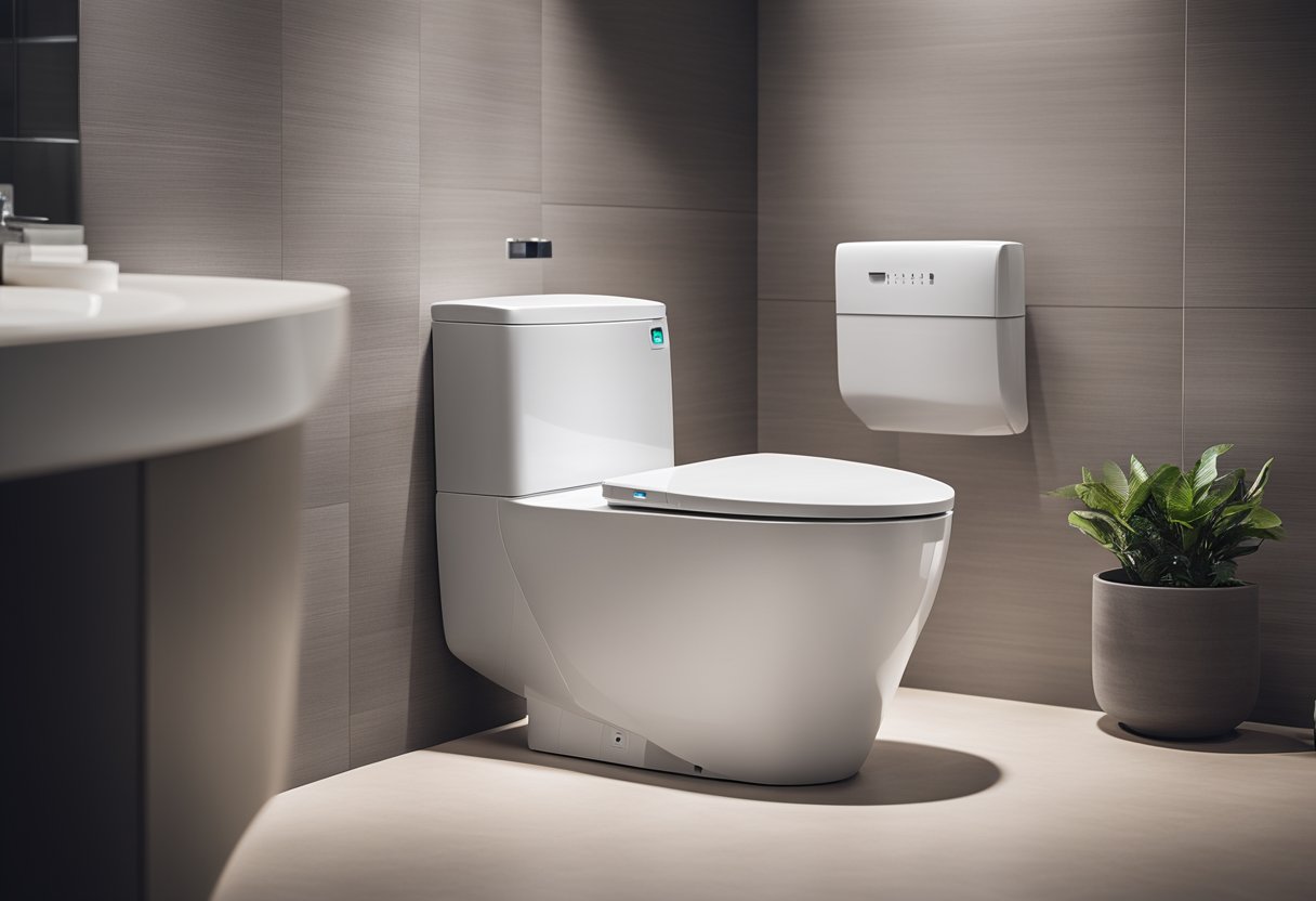 A smart toilet with advanced features, such as automated lid and seat, built-in bidet, and customizable lighting, sits in a modern bathroom setting