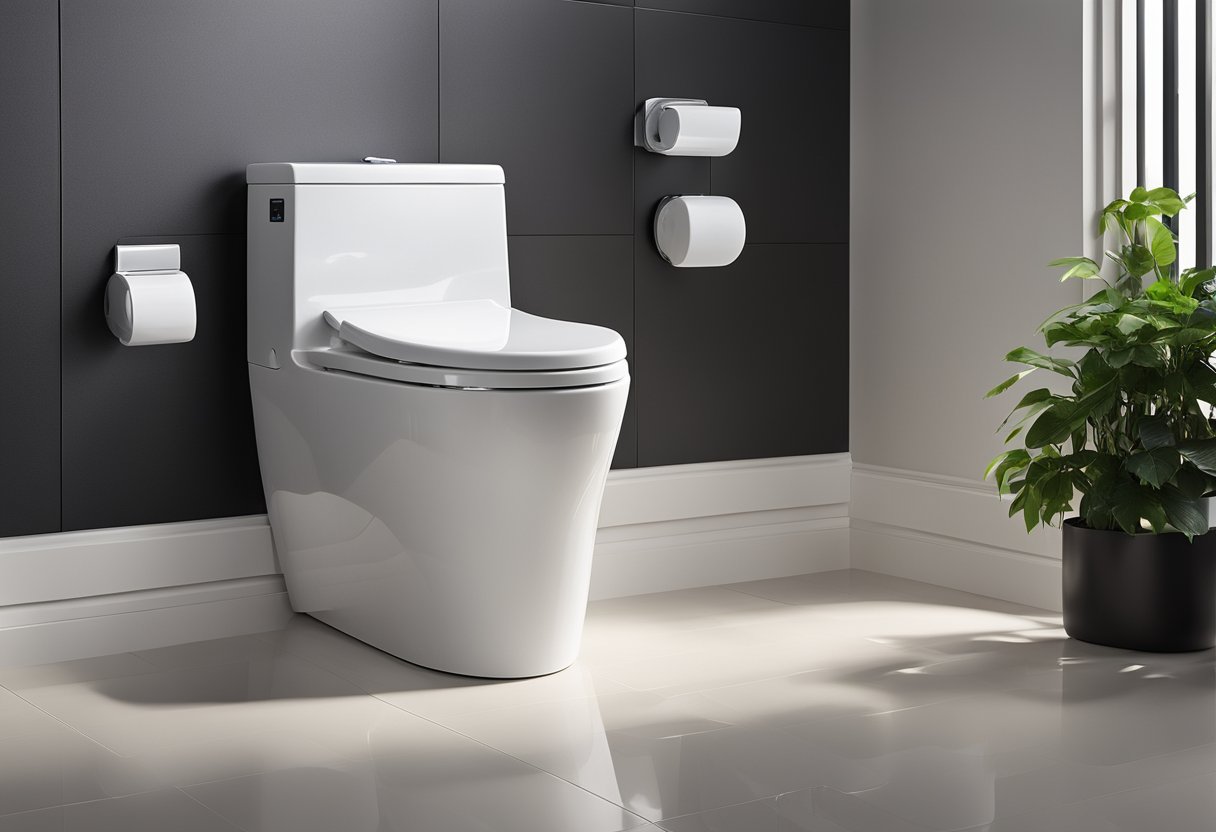 A sleek, modern toilet with built-in water-saving features and eco-friendly materials. LED indicators show water usage and energy efficiency