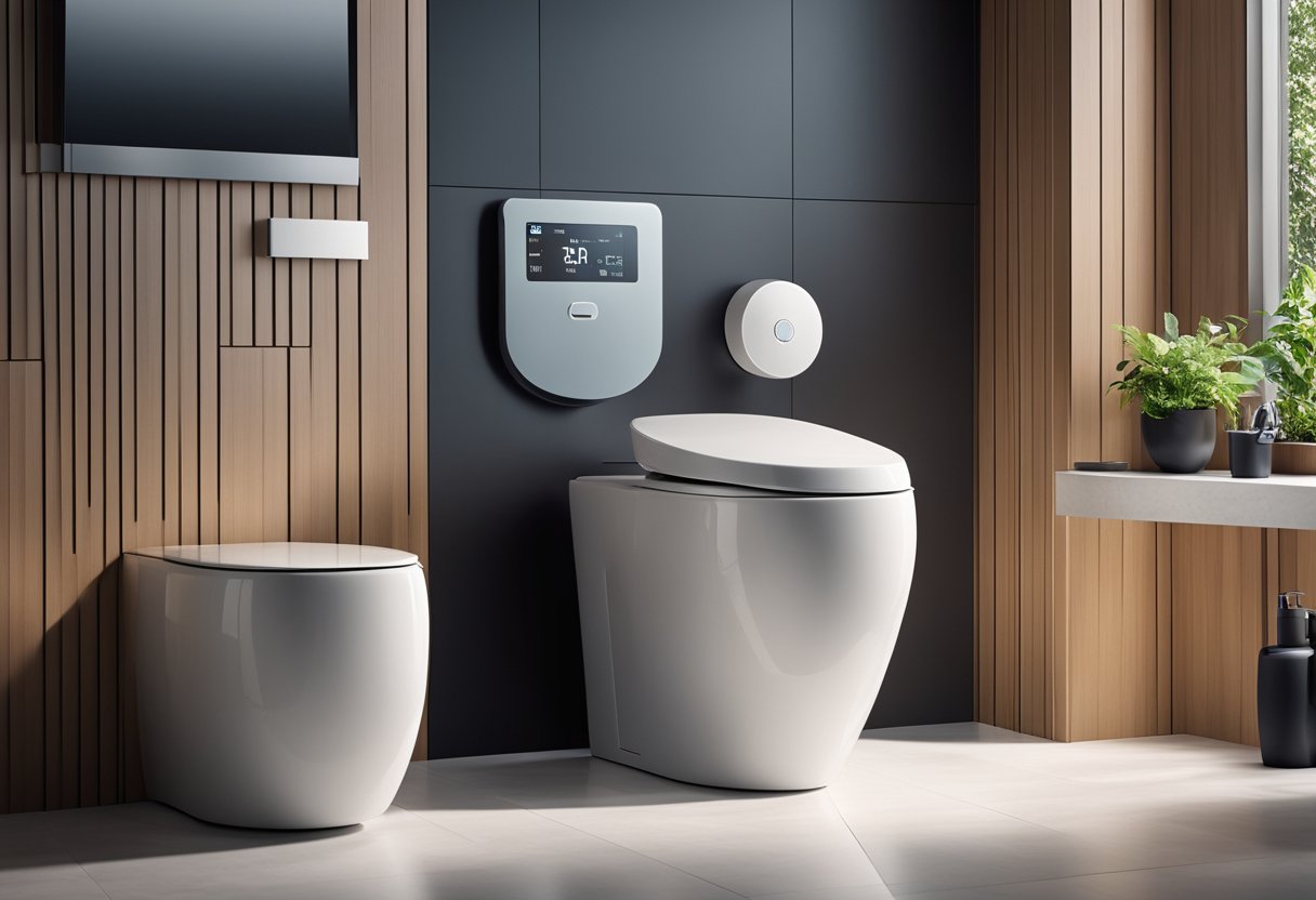A sleek, futuristic toilet with a digital display and touchpad interface, surrounded by modern bathroom fixtures