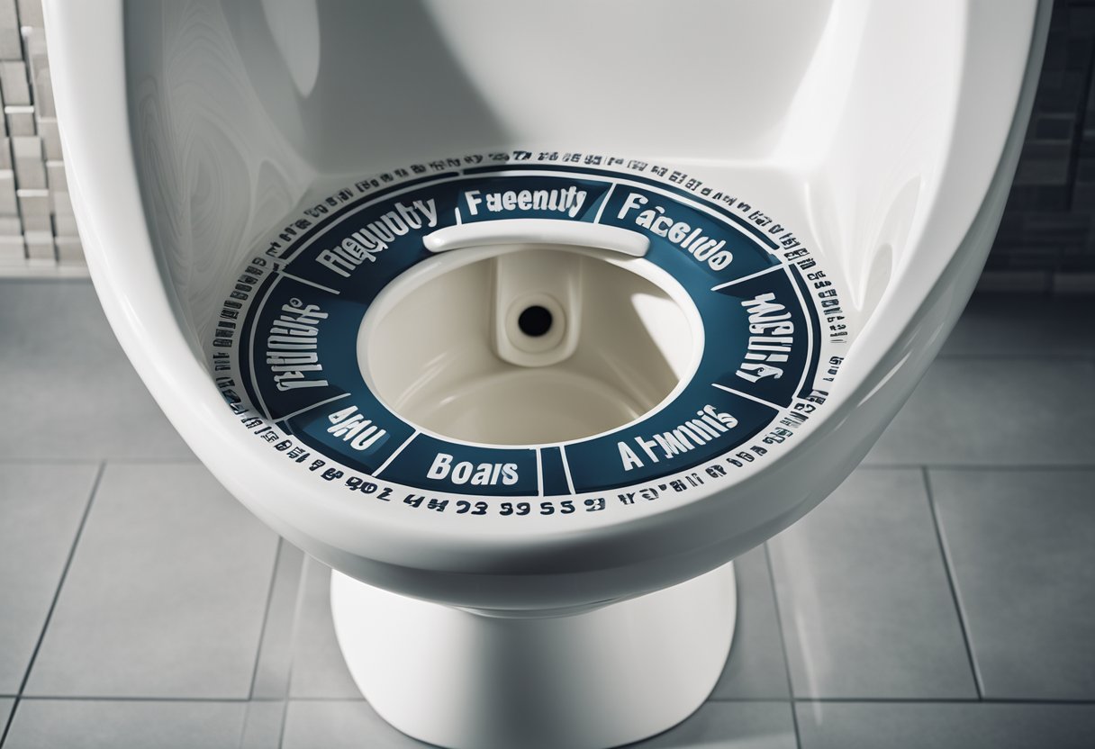 A toilet bowl with "Frequently Asked Questions" printed around the rim, surrounded by various question marks and symbols