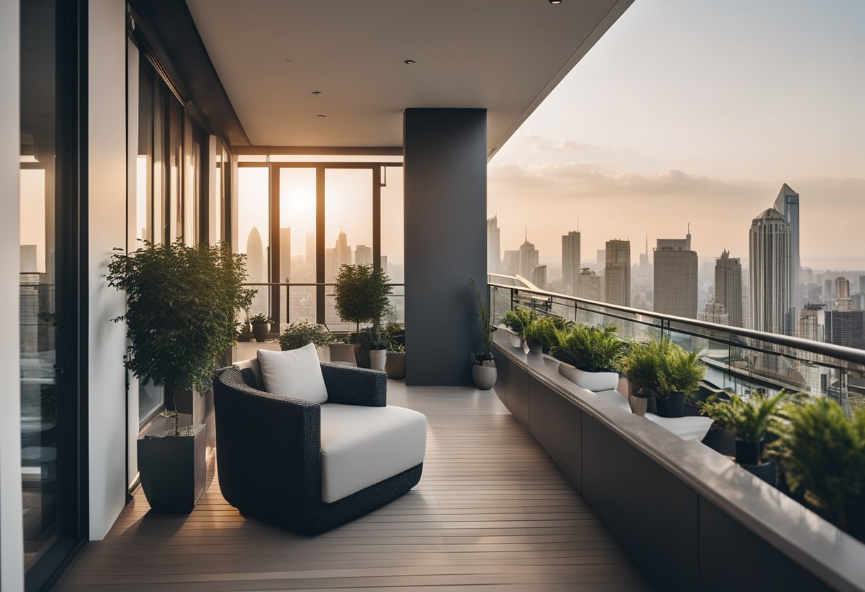 A spacious balcony with modern furniture, potted plants, and a panoramic view of the city skyline