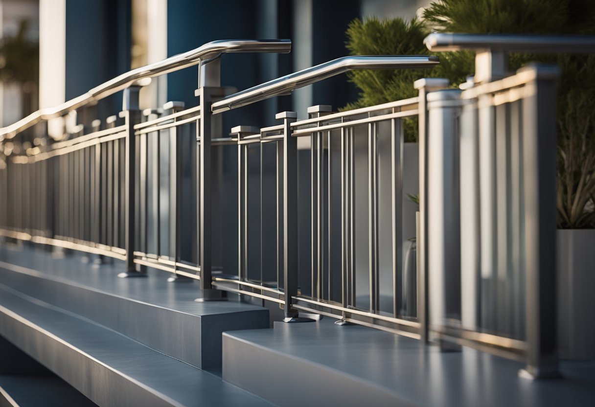 A sleek, modern balcony handrail design featuring stainless steel or glass materials with clean lines and geometric patterns