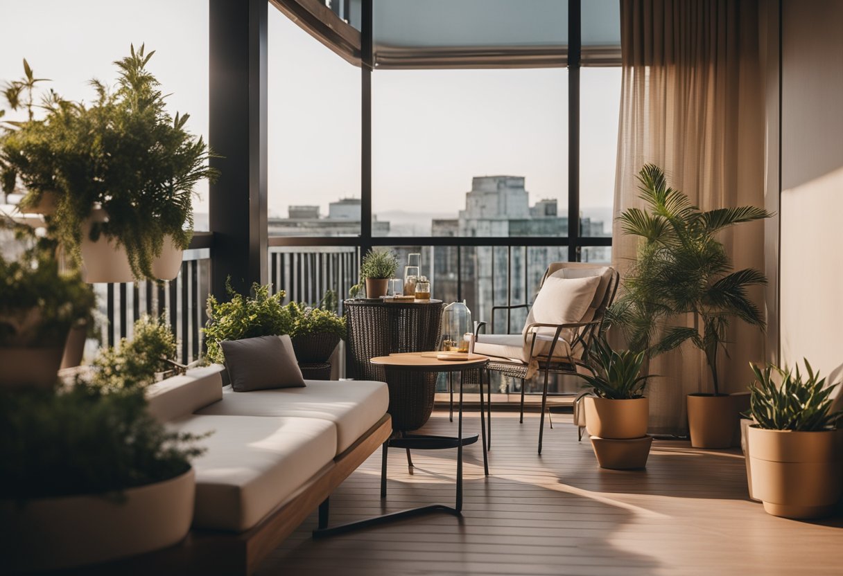 A modern balcony with potted plants, stylish furniture, and ambient lighting creating a cozy and inviting atmosphere