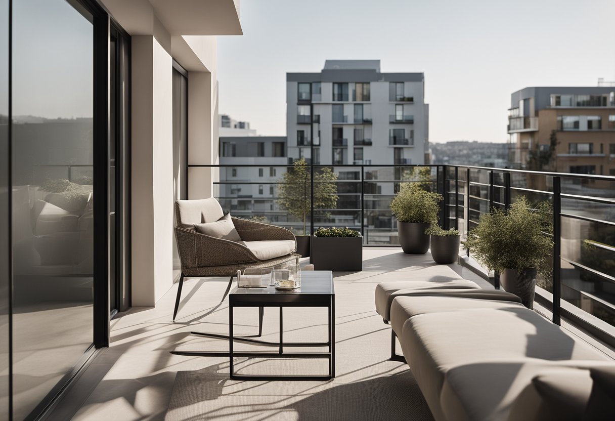 A modern, spacious balcony with sleek, minimalist design and comfortable seating. Clean lines and neutral colors create a welcoming atmosphere