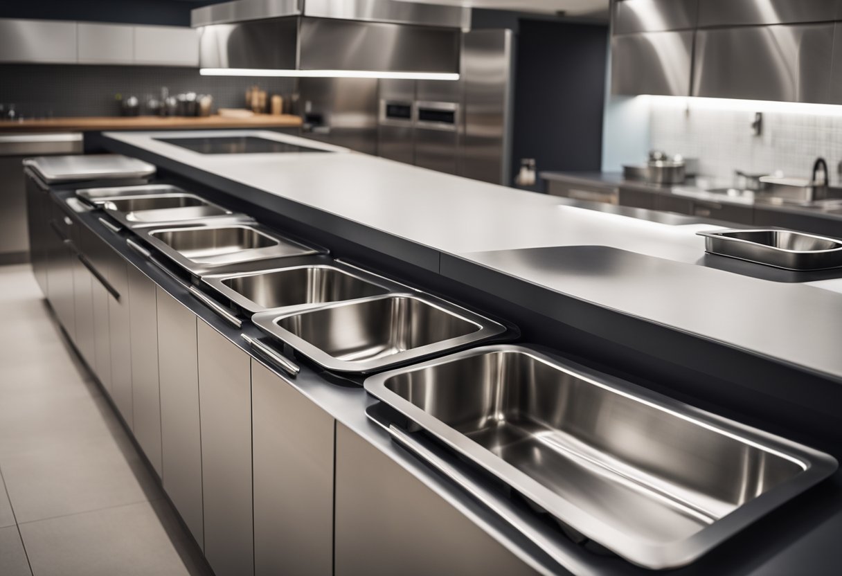 Sleek stainless steel bins line the pristine countertops of a modern kitchen, with separate compartments for recycling and general waste