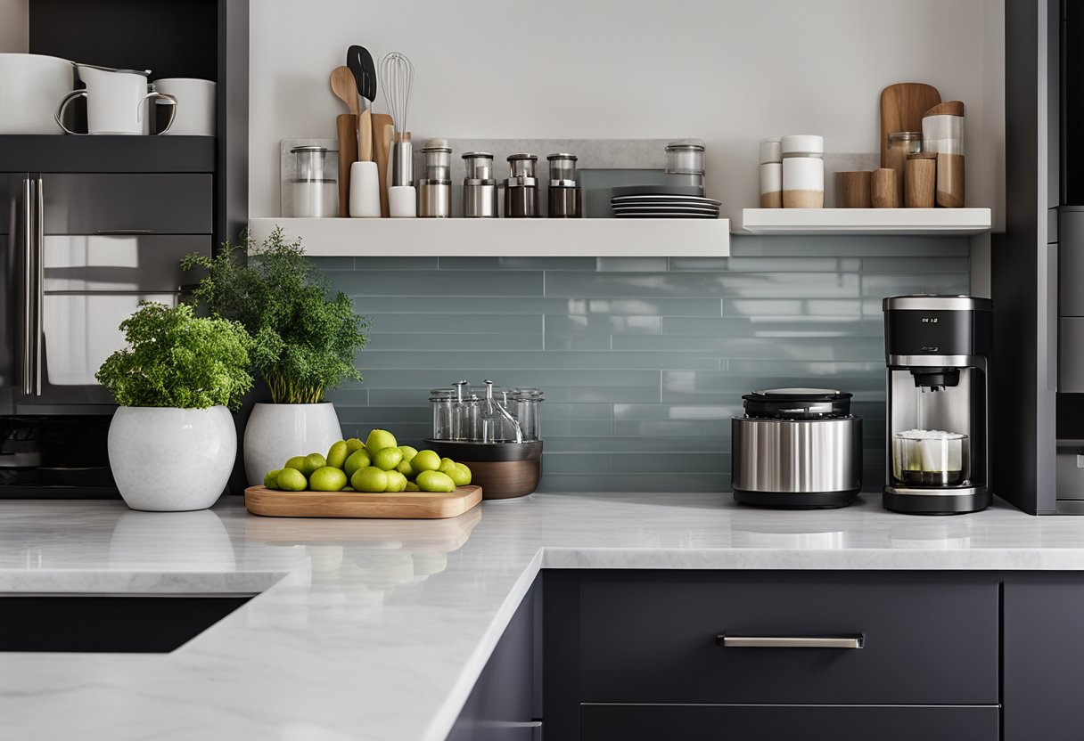 A sleek, modern kitchen with stainless steel appliances and marble countertops. A collection of designer kitchen accessories, such as a minimalist knife block, elegant utensil holder, and stylish salt and pepper shakers, are neatly displayed on the counter