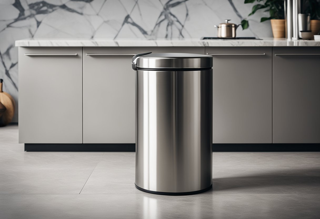 A sleek, stainless steel designer kitchen bin sits beside a marble countertop, with a foot pedal for hands-free use