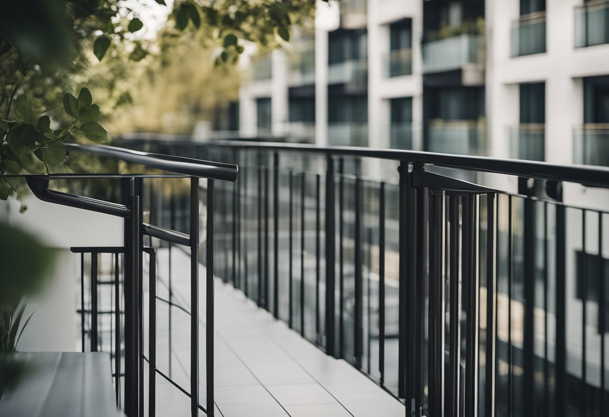 A modern balcony handrail with sleek metal bars and a minimalist design, featuring clean lines and a polished finish