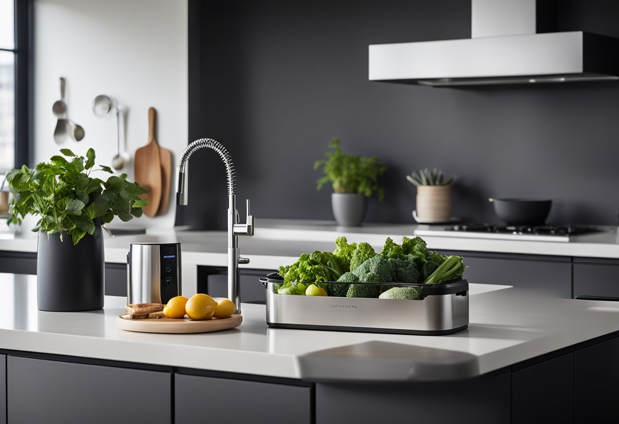 A sleek, modern kitchen with sensor-activated bins for recycling and composting. The bins are stylishly designed and seamlessly integrated into the kitchen decor