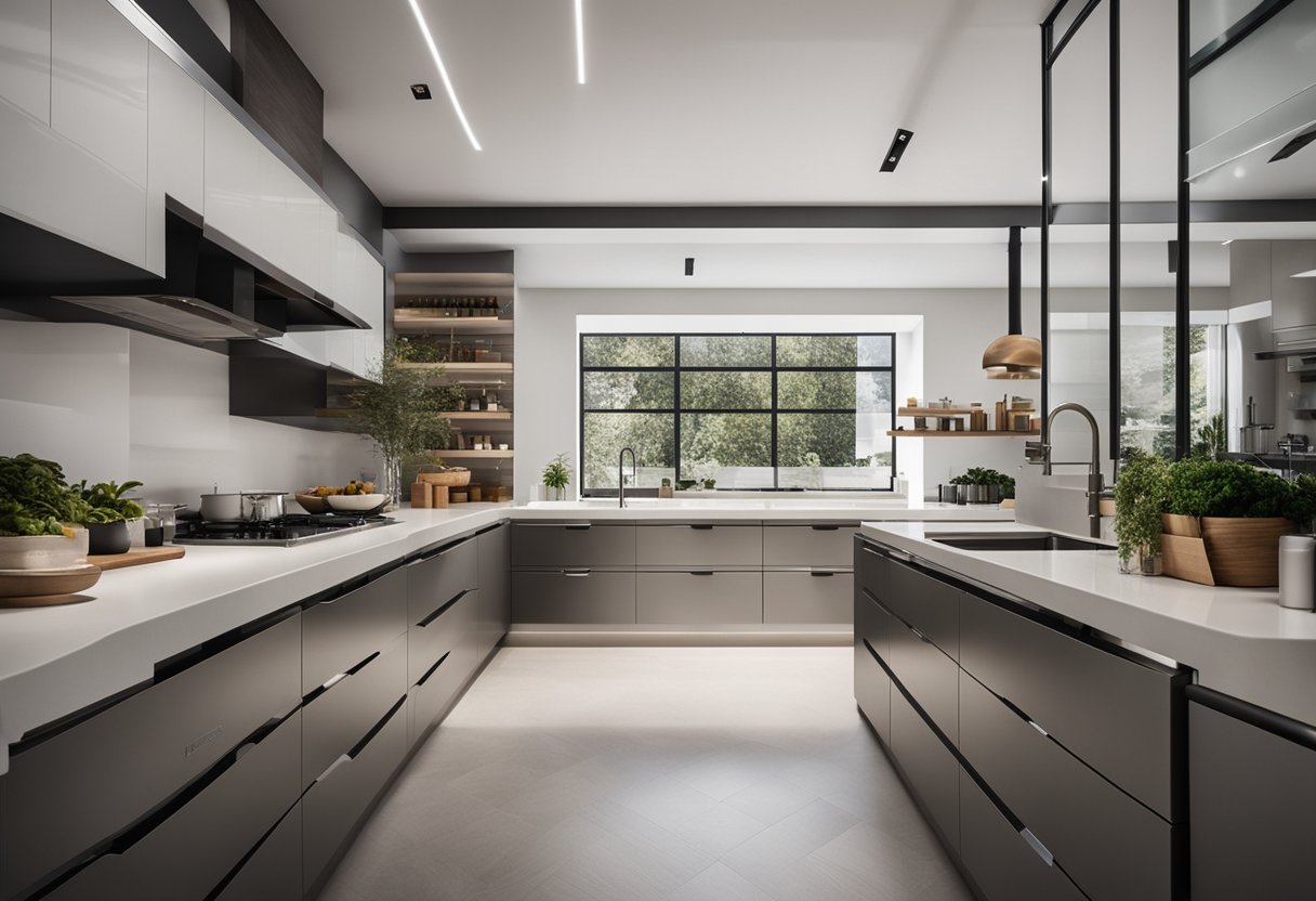 A modern kitchen with sleek designer bins neatly organized and labeled for easy access