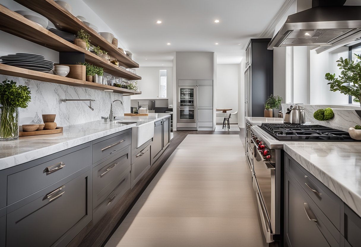 A sleek, modern kitchen with stainless steel appliances and marble countertops. Shelves are filled with designer kitchen accessories, from stylish utensils to elegant serving platters