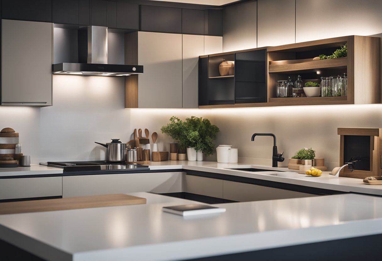 A modern kitchen with sleek countertops and shelves displaying stylish, high-quality kitchen accessories. Bright lighting and clean lines create an inviting atmosphere