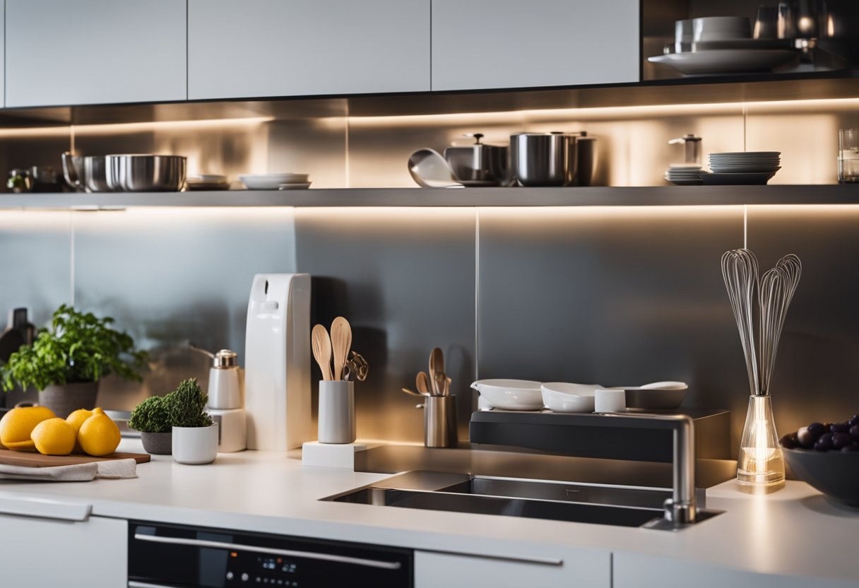 A modern kitchen with sleek, stylish accessories neatly arranged on the counter and shelves. Bright lighting highlights the functionality and aesthetic appeal of the designer kitchen accessories