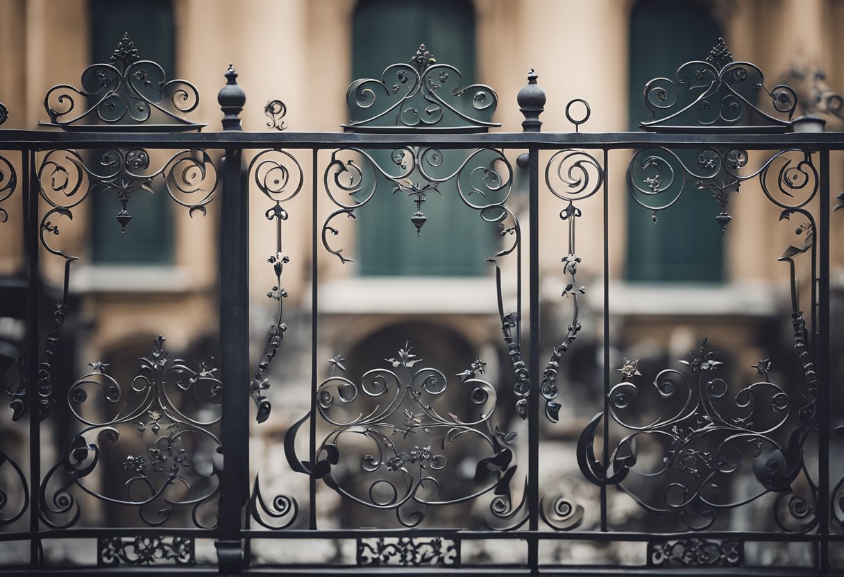A wrought iron balcony with intricate floral patterns overlooks a bustling city street below. The frame is adorned with delicate swirls and curves, adding elegance to the building's exterior