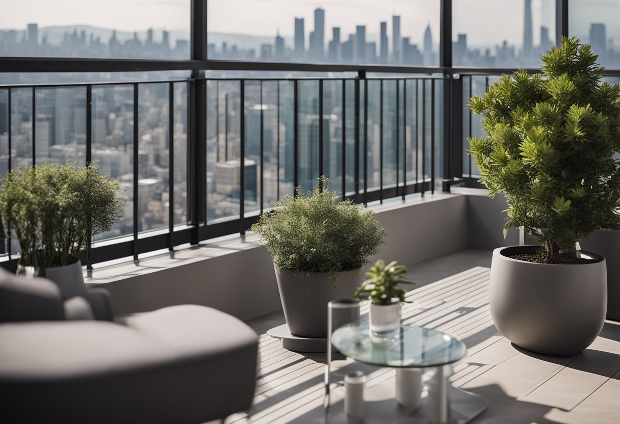 A modern balcony with sleek metal frame and glass panels, overlooking a city skyline. A few potted plants and minimalist furniture complete the design