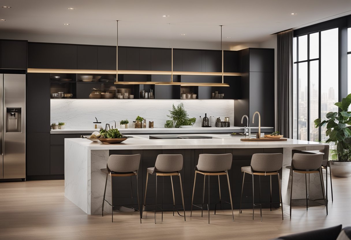 A modern kitchen island separates the kitchen and living room, with a sleek and elegant divider design that complements the overall aesthetic of the space