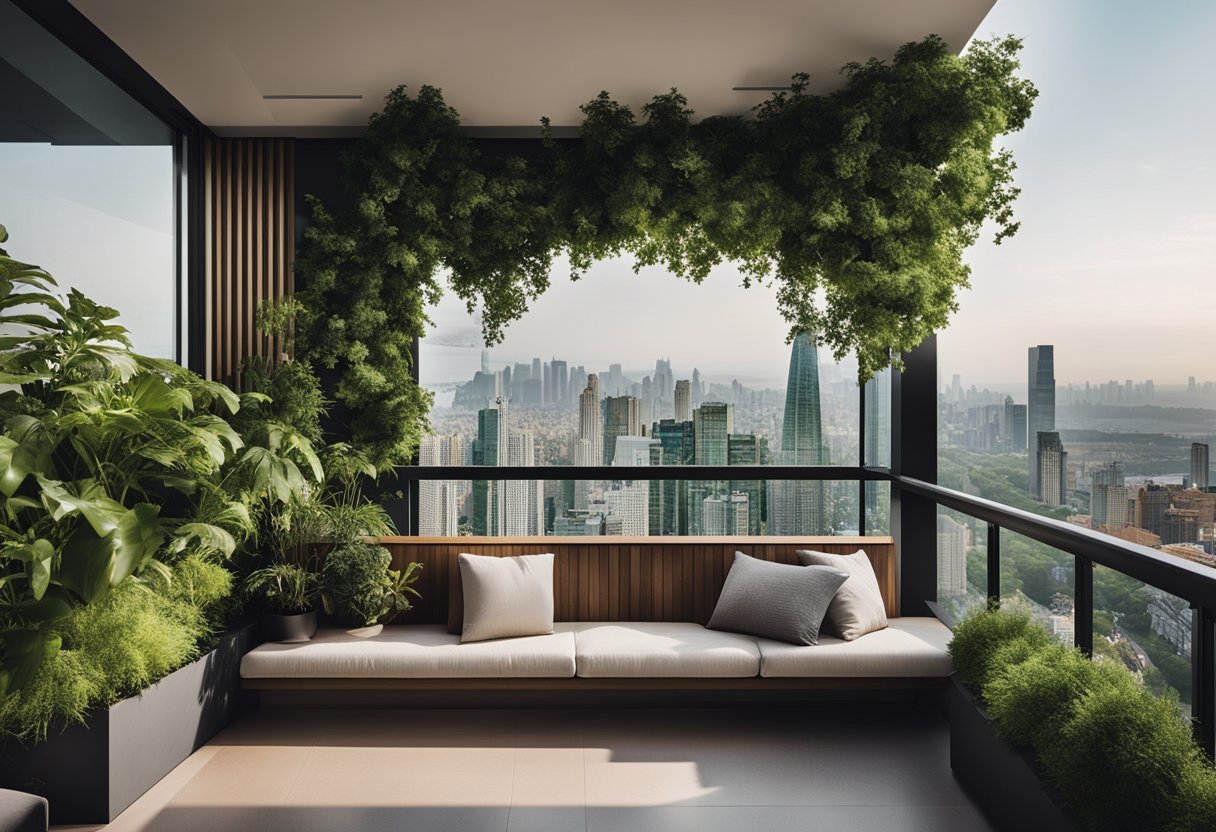 A modern, sleek balcony frame with integrated planters and seating, surrounded by lush greenery and overlooking a city skyline