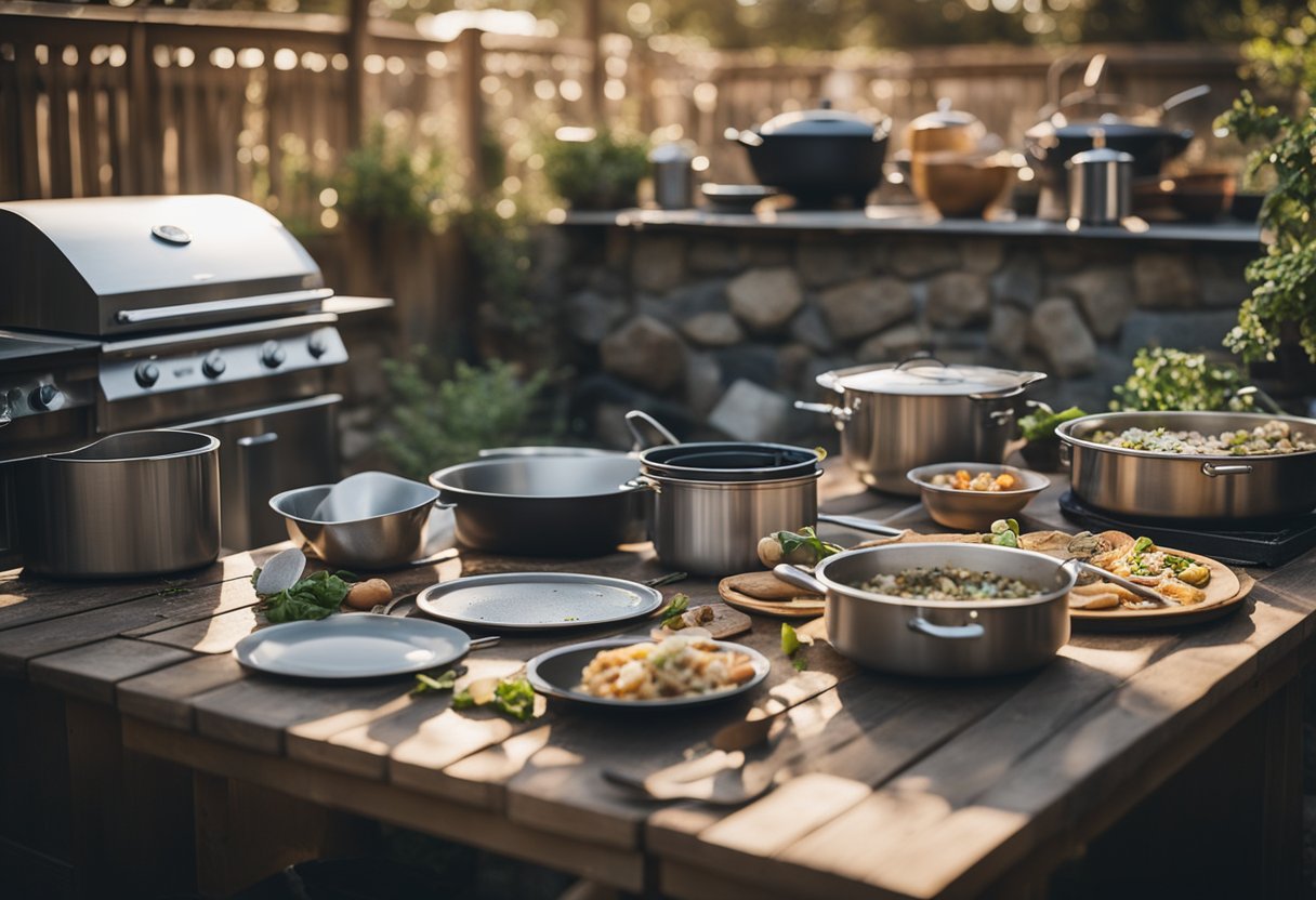 The outdoor kitchen is cluttered with dirty dishes and utensils. The countertops are stained, and there are food scraps scattered on the floor