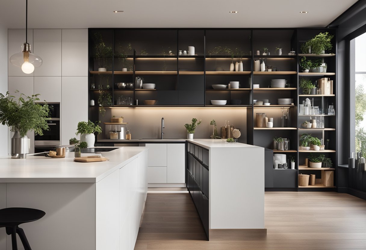 A sleek, modern divider seamlessly connects the kitchen and living room, with integrated storage and display shelves