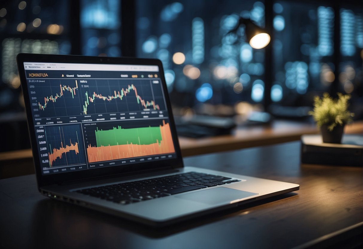 An analyst compares charts and financial data for market timing. Technical analysis uses historical prices, while fundamental analysis considers company performance