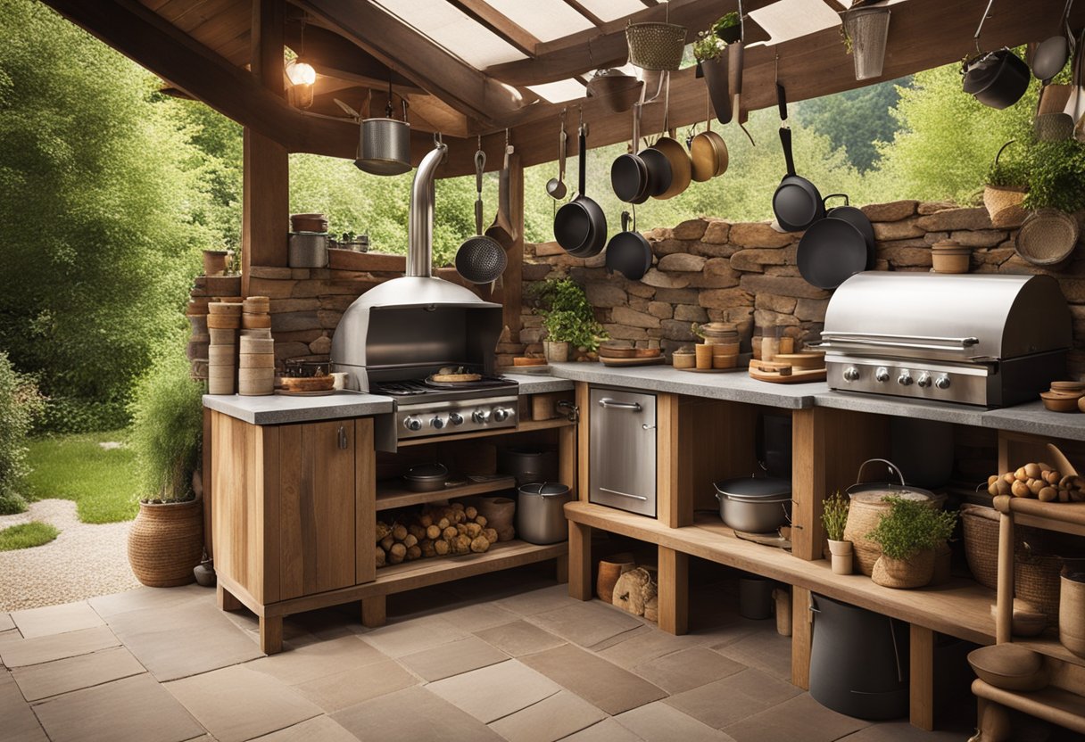 A rustic outdoor kitchen with a stone countertop, a wood-burning stove, hanging pots and pans, and shelves stocked with cooking utensils and spices