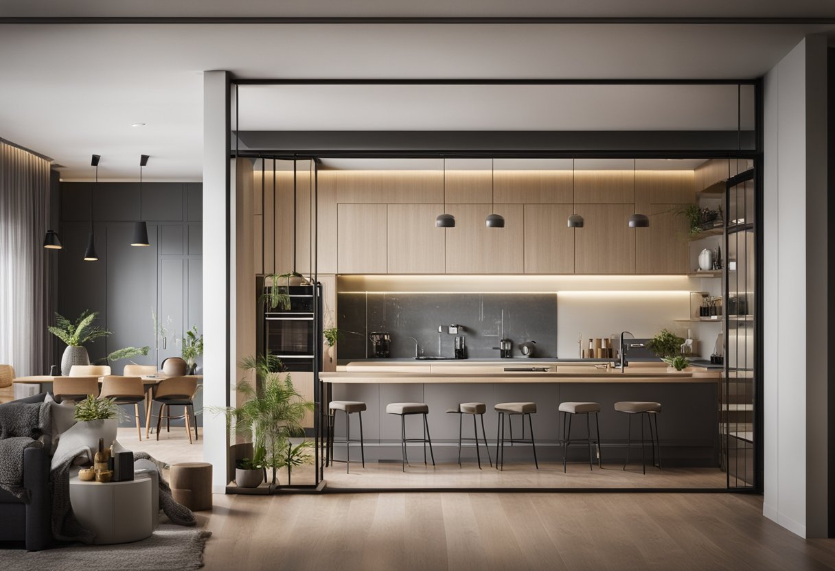 A kitchen and living room connected by a decorative divider with "Frequently Asked Questions" written on it. The design is modern and sleek, adding a touch of style to the space