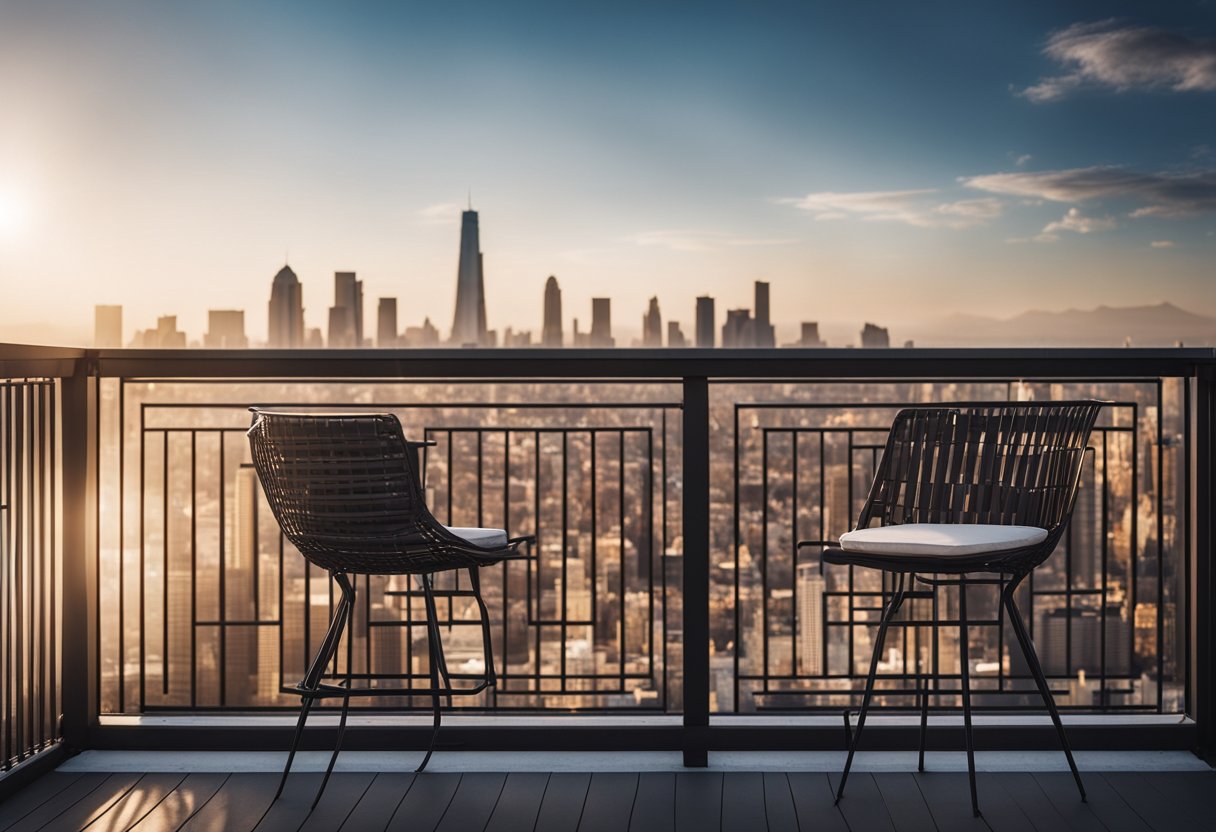 A modern balcony with a sleek, geometric grill design against a city skyline