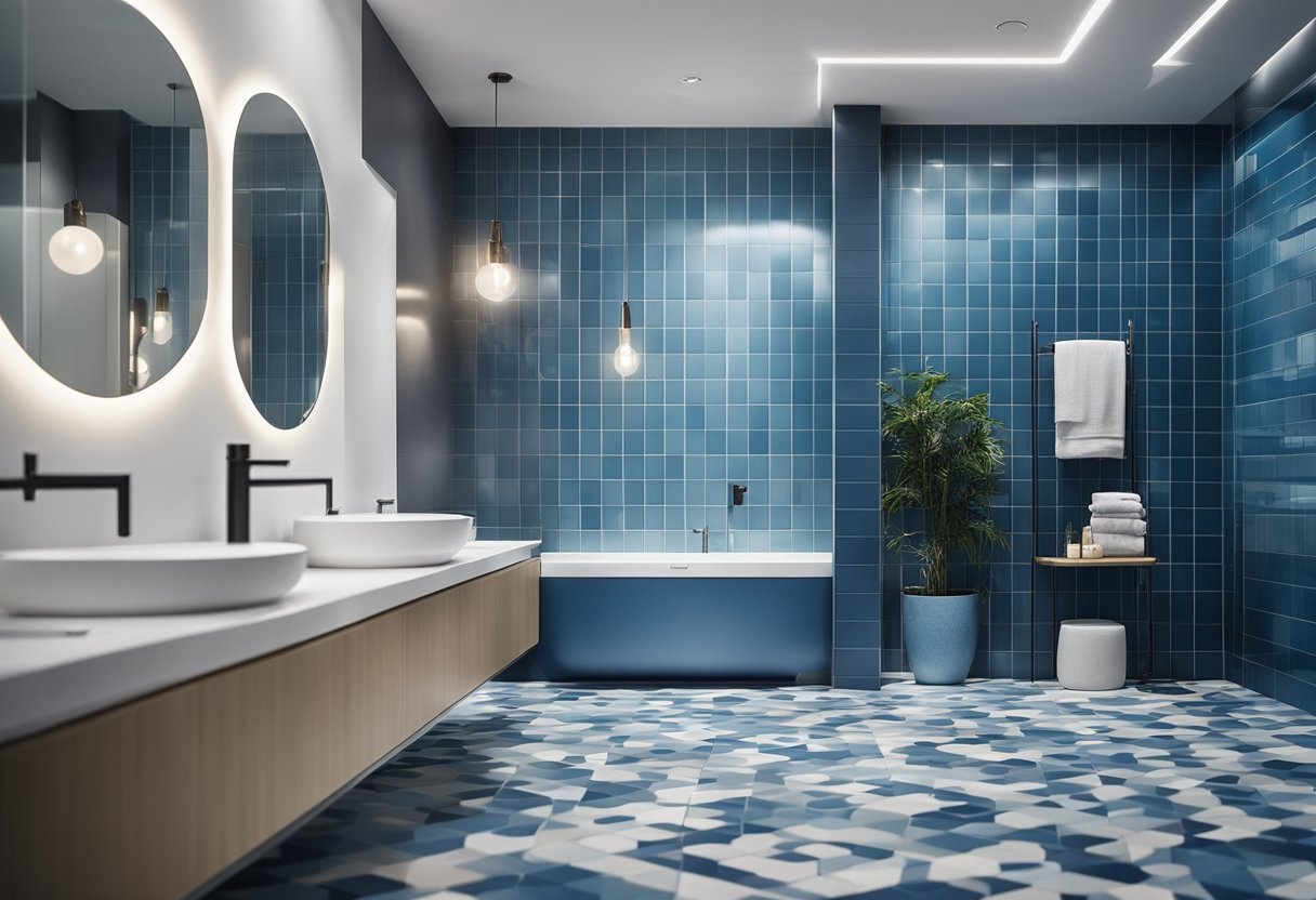A modern bathroom with geometric patterned floor tiles in shades of blue and white