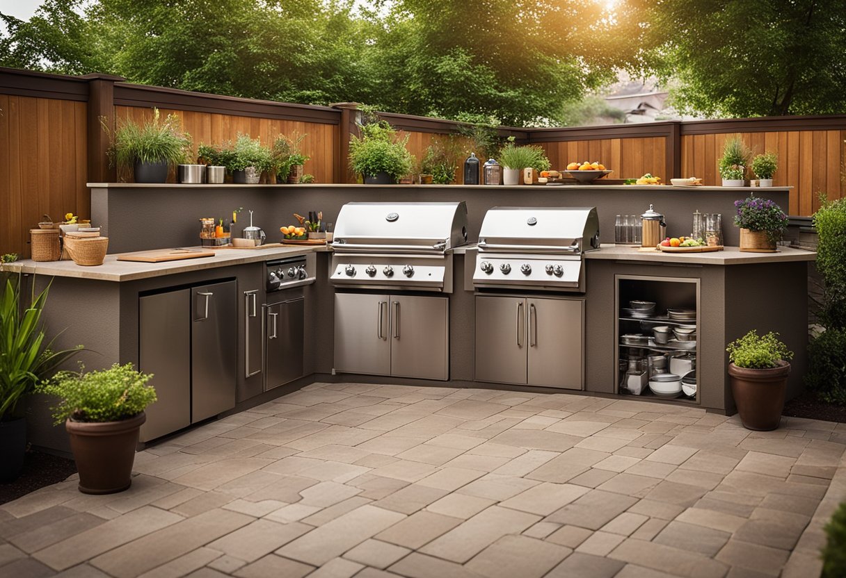 A cluttered outdoor kitchen with a mix of entertainment and utility features, including a grill, sink, and bar area