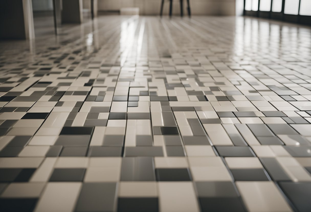 A bathroom floor with square, neutral-colored tiles laid in a grid pattern, with grout lines visible