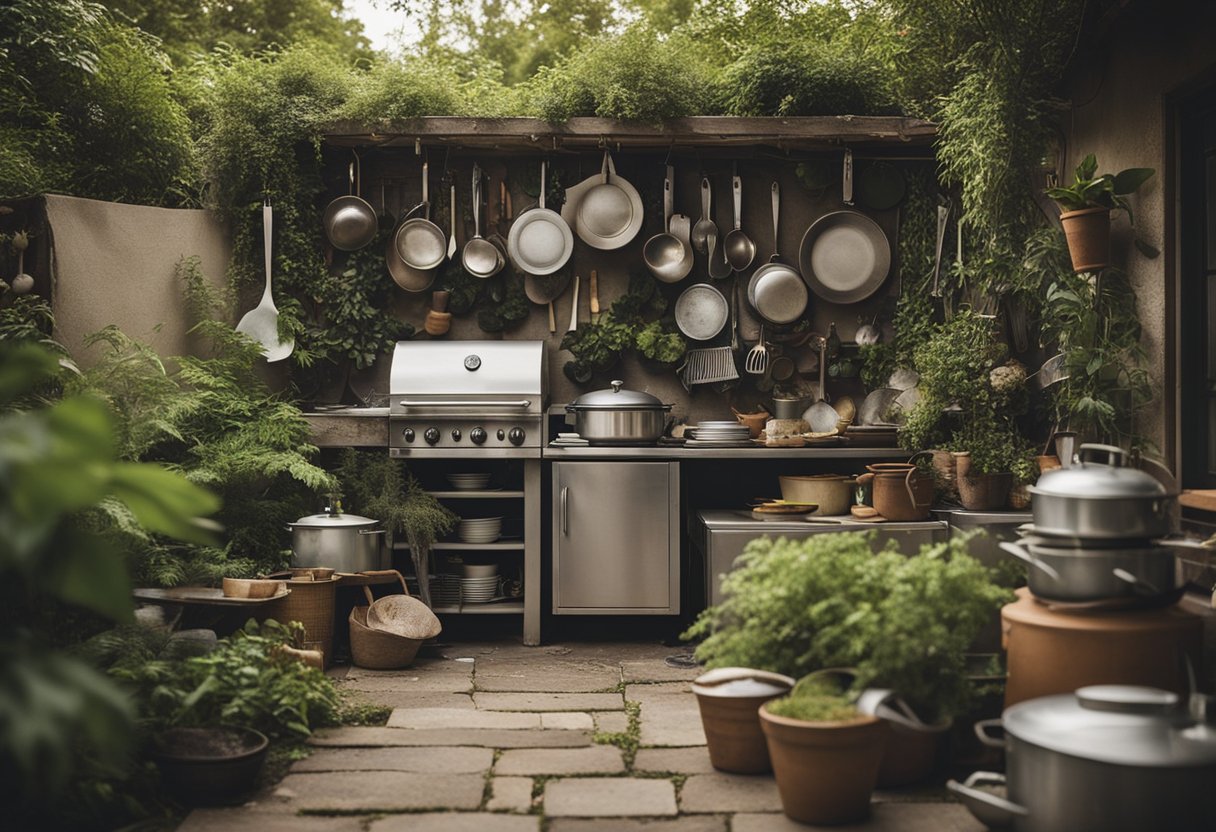 A cluttered outdoor kitchen with scattered utensils and dirty dishes, surrounded by overgrown plants and neglected decor