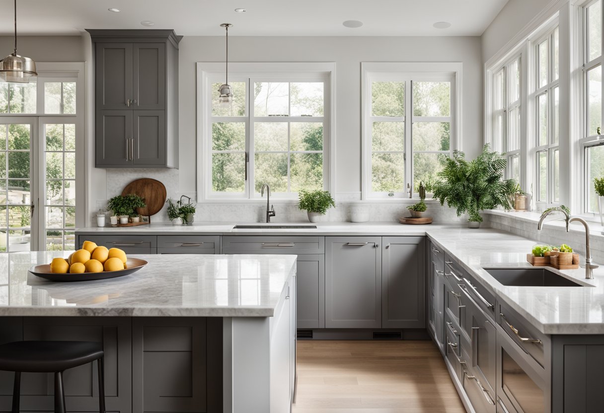 A spacious kitchen with sleek, modern cabinets, marble countertops, and stainless steel appliances. The large windows let in plenty of natural light, and there is a cozy breakfast nook with a view of the garden