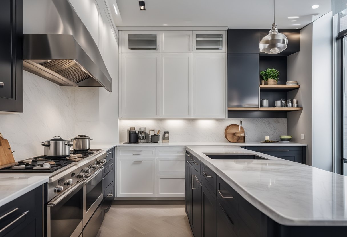 A modern euro kitchen with sleek stainless steel appliances, marble countertops, and minimalist design elements