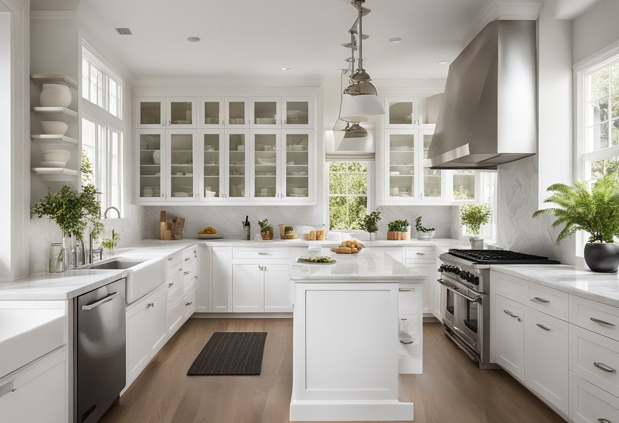 A bright, airy kitchen with white cabinets, marble countertops, and stainless steel appliances. A large window allows natural light to fill the space, while a cozy breakfast nook sits in the corner