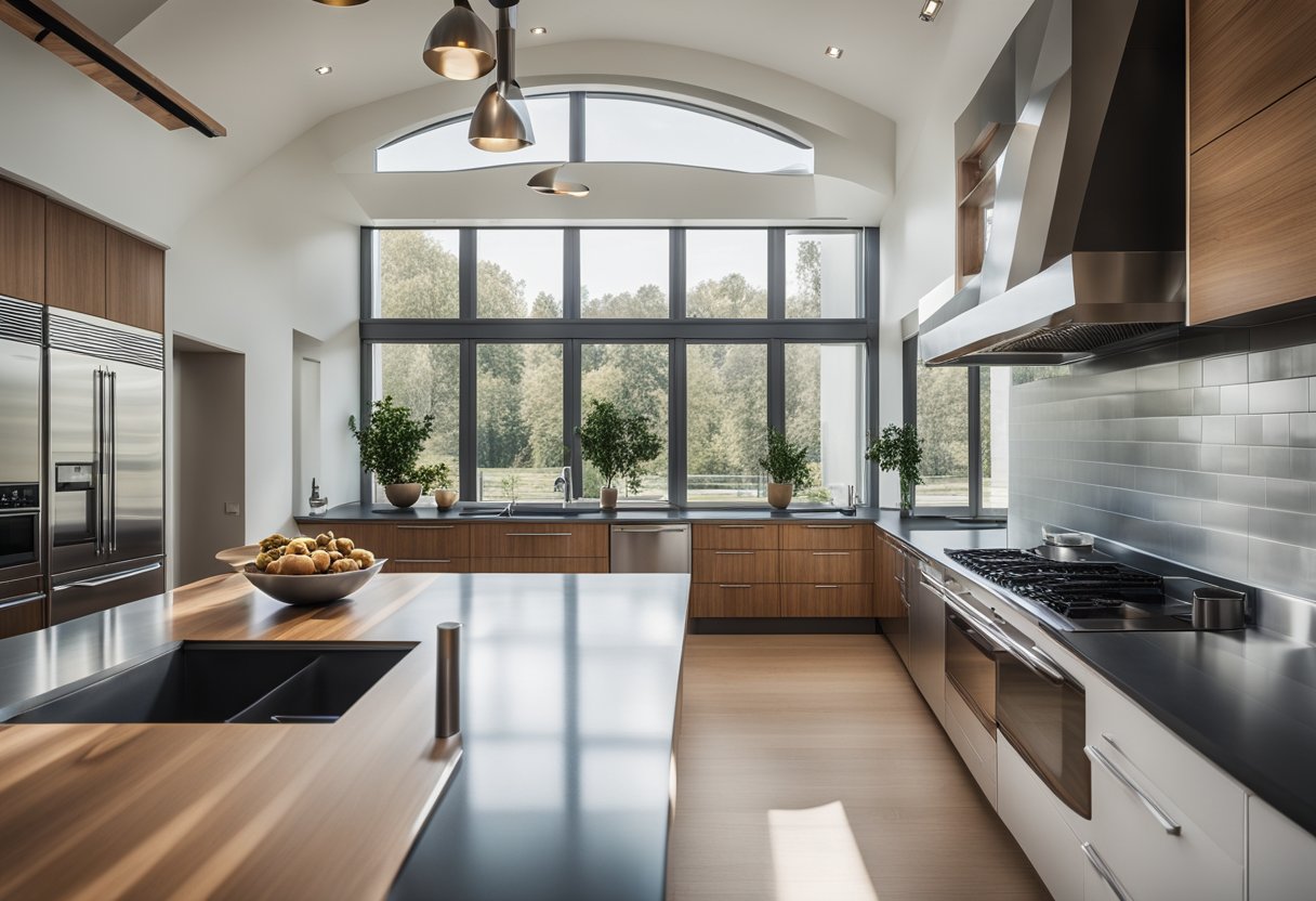 A spacious euro kitchen with sleek lines, stainless steel appliances, and warm wood accents. Large windows flood the space with natural light, showcasing the beautiful countryside outside