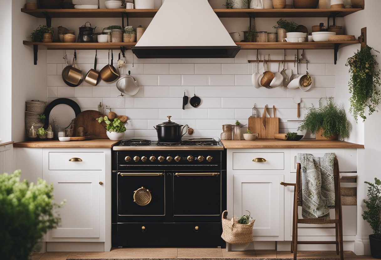 A cozy English kitchen with a farmhouse sink, butcher block countertops, open shelving, a vintage stove, and a floral tea towel hanging on a brass hook