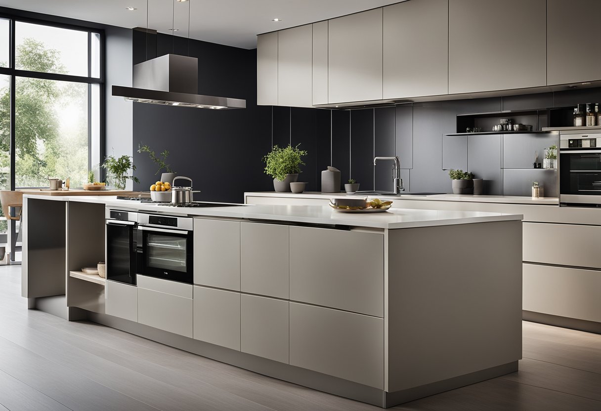 A modern kitchen with sleek euro design elements and integrated appliances. Clean lines, minimalistic color palette, and efficient use of space
