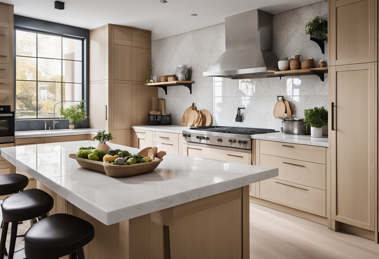 A modern English kitchen with white marble countertops, stainless steel appliances, and a large farmhouse sink. The cabinets are a light wood with sleek, minimalist hardware