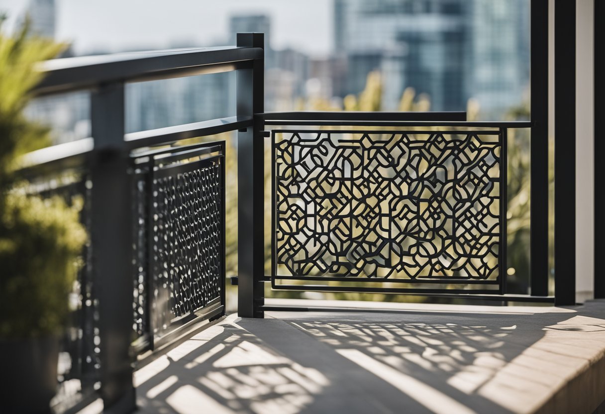 A balcony with a modern, geometric grill design, providing cover and protection. Frequently Asked Questions text visible nearby