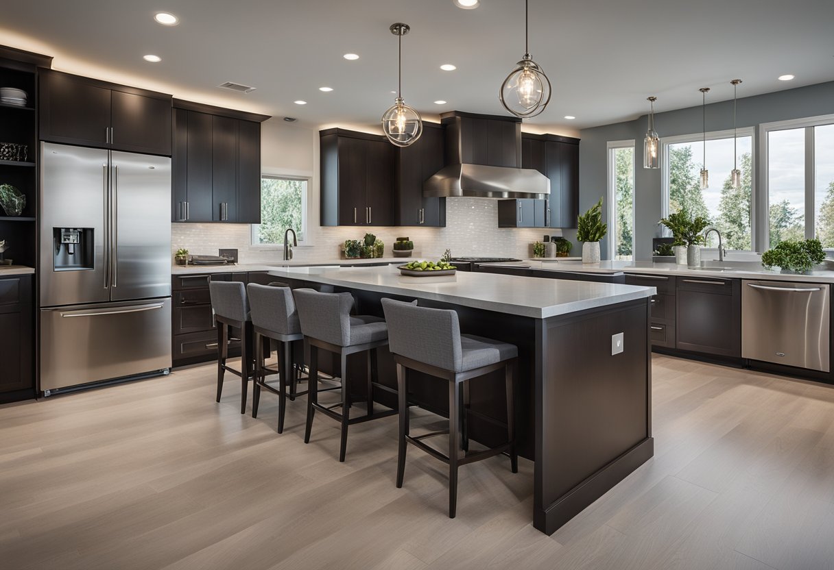 A modern kitchen with sleek cabinets, stainless steel appliances, and a large island with bar stools. A wall-mounted TV and pendant lighting add to the contemporary feel