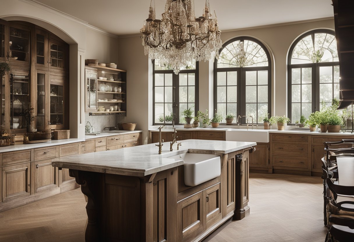 A French kitchen with rustic wooden cabinets, marble countertops, and a vintage chandelier hanging from the ceiling. A large farmhouse sink and a window with lace curtains complete the cozy, elegant design