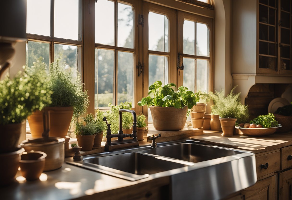 A cozy French country kitchen with rustic wooden cabinets, a farmhouse sink, and a vintage-inspired stove. Sunlight streams in through a large window, casting a warm glow over the floral curtains and fresh herbs on the windowsill